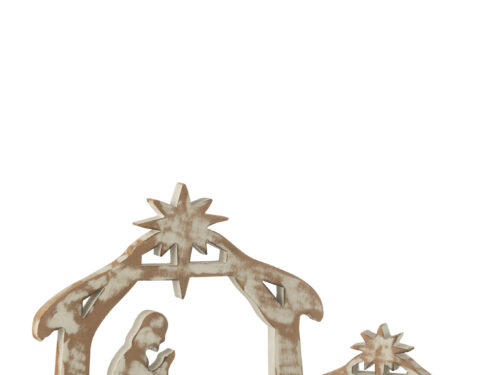 Kerststal Groove van mangohout in naturel, sfeervol off-white met uitgesneden silhouetten en sterren
