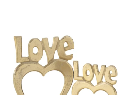 Decoratie Noldio goud aluminium en mangohout, twee LOVE harten op houten voet