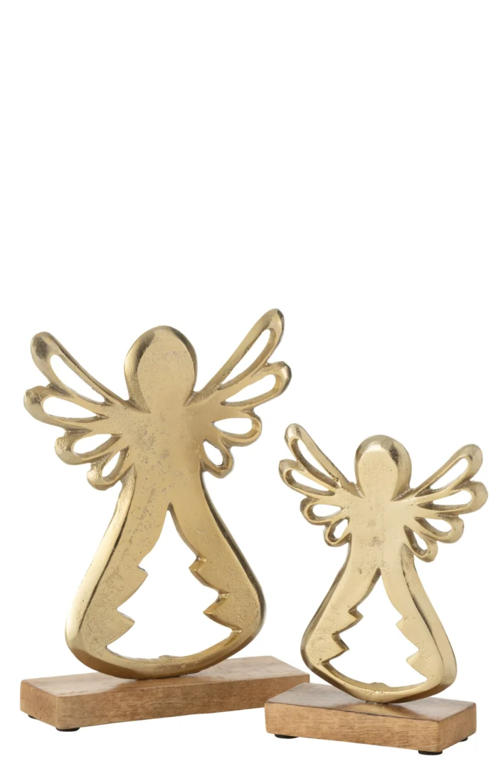 Decoratiefiguur Breernund goud aluminium op mangohouten sokkel, 22 cm hoog, met twee engelfiguren