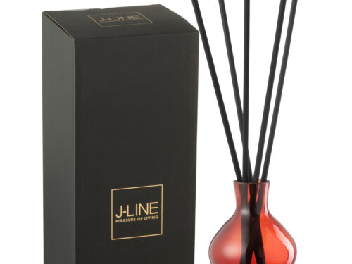 Geurolie Gookir Glas Rood met zwarte geurstokjes en luxe verpakking, stijlvol rood glazen woonaccessoire