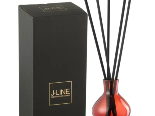 Geurolie Gookir Glas Rood met zwarte geurstokjes en luxe verpakking, stijlvol rood glazen woonaccessoire