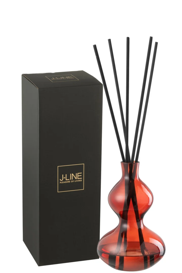 Geurolie Gookir Glas Rood met zwarte geurstokjes en luxe verpakking, stijlvol rood glazen woonaccessoire