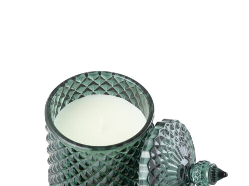 Geurkaars Jaania in groen glas met deksel en kwast, sfeervol woonaccessoire met Cederbries geur