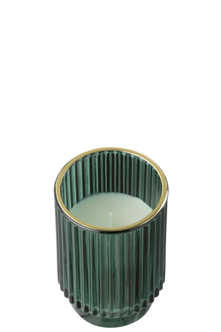Geurkaars Sinnane in groen geribbeld glas met goudrand en witte kaars, stijlvolle woonaccessoire