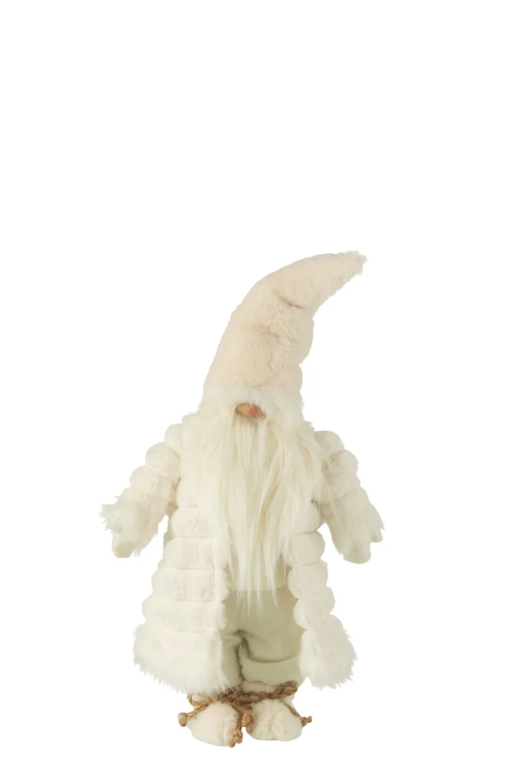 Taullonte decoratiefiguur in wit met gewatteerde jas, lange baard en winterse kabouterlook, H64 cm