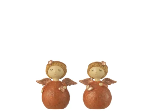Decoratie Homman bruin set van 2 polyresin engeltjes met gesloten ogen en warme accenten