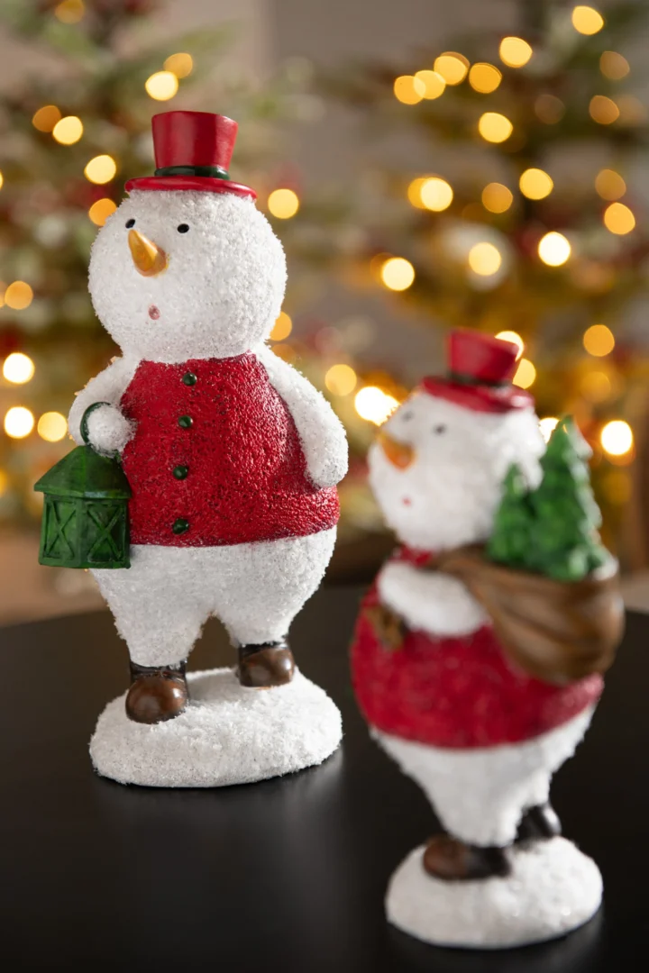 Skernine windlichten set van 2, meerkleurige polyresin sneeuwman met lantaarn en kerstboom, H18 cm