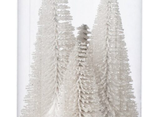 Kerstboom Tulello set van 4 witte kunststof boompjes met glitters in transparante cilinder, 15 cm hoog