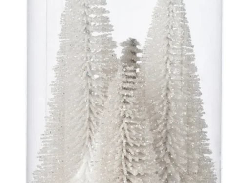 Kerstboom Tulello set van 4 witte kunststof boompjes met glitters in transparante cilinder, 15 cm hoog