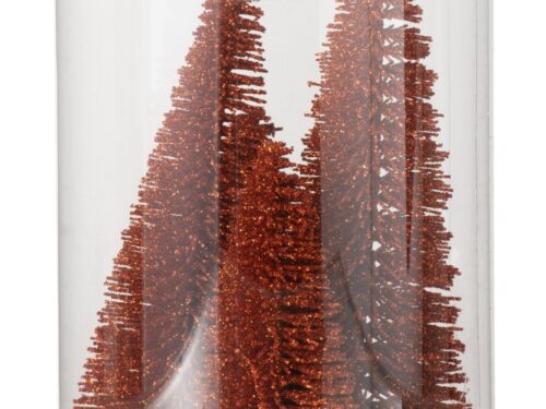Transparante Pientor kunststof opbergdoos met koperkleurige glitter kerstbomen, compacte ronde vorm