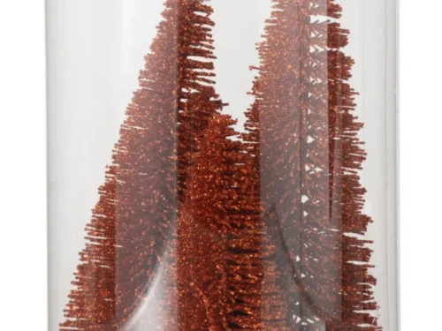 Transparante Pientor kunststof opbergdoos met koperkleurige glitter kerstbomen, compacte ronde vorm