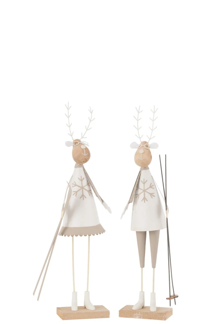 Decoratiefiguur Caavonte wit, set van 2, met houten basis en winterse hertenlook, H37 cm