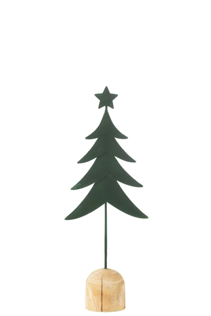Kerstboom Skaannia van groen metaal op houten voet, compact en sfeervol voor vensterbank of dressoir
