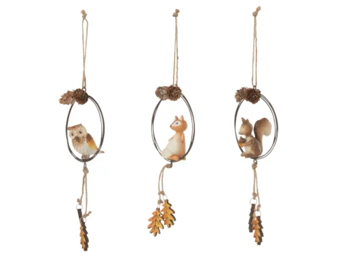 Decoratiefiguur Jildund set van 3 hangers met vos, uil en eekhoorn in oranje met natuurlijke details