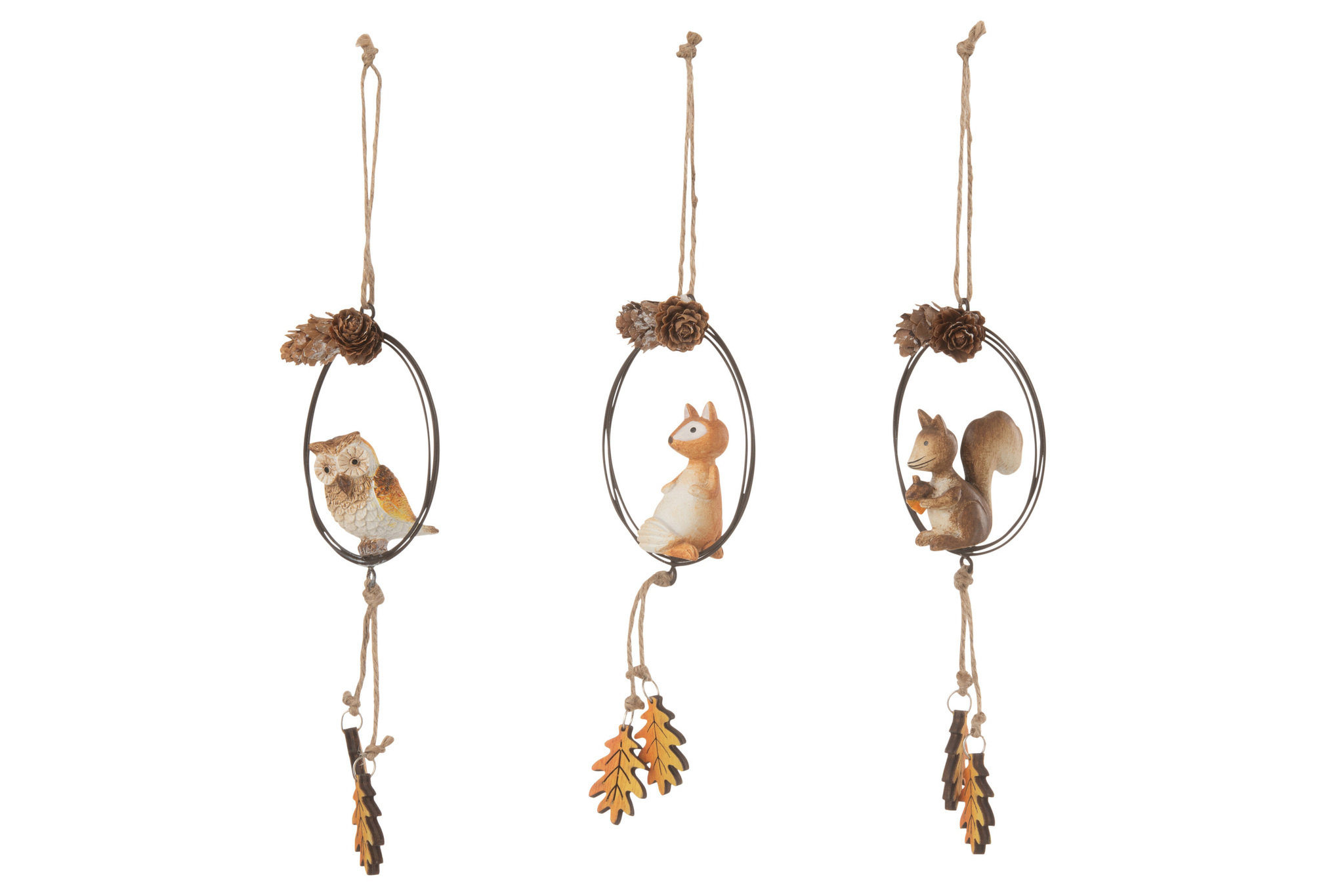 Decoratiefiguur Jildund set van 3 hangers met vos, uil en eekhoorn in oranje met natuurlijke details