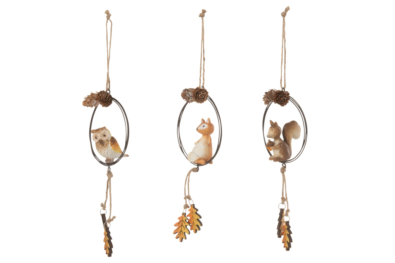 Decoratiefiguur Jildund set van 3 hangers met vos, uil en eekhoorn in oranje met natuurlijke details