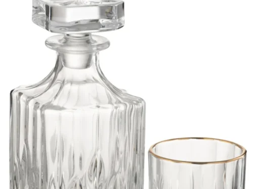 Drinkglas Skauldero glas transparant met karaf en helder, bewerkt design op witte achtergrond