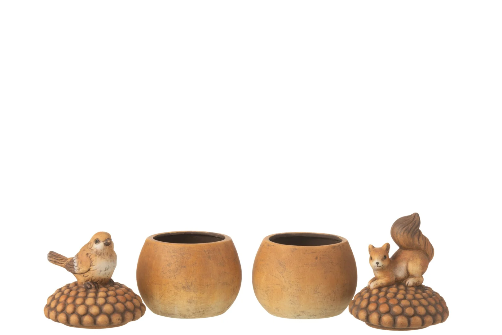 Kimonte porseleinen decoratiefiguren bruin, set van 2 met vogel en eekhoorn op eikel
