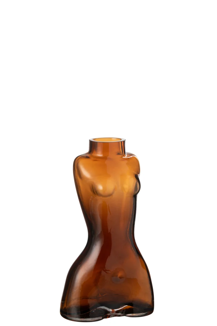 Vaas Maadio bruin glas met slanke vrouwelijke vorm, H24,5 cm, stijlvolle compacte woonaccessoire