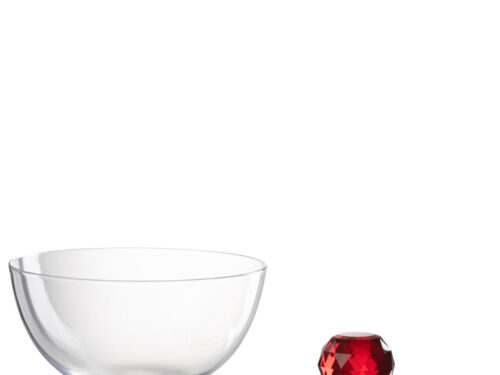 Transparante Jastello opbergpot van glas en kristal met slanke vorm en rode facetknop, 25 cm hoog
