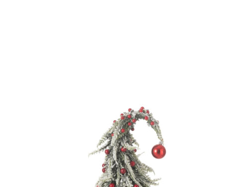 Kerstboom Tadona kunststof rood H45 cm met sneeuwlook, rode bessen en hanger op witte voet