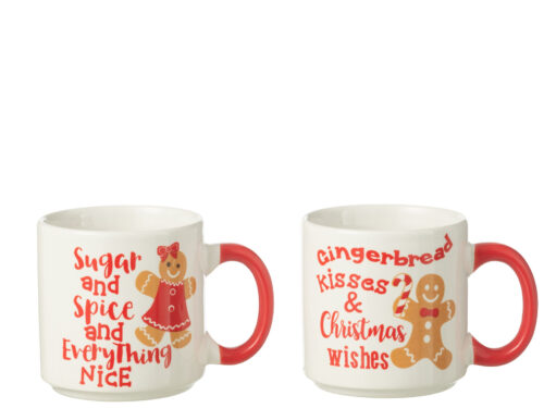 Mok Graannira Keramiek Rood set van 2 met kerstprint en rode handgreep