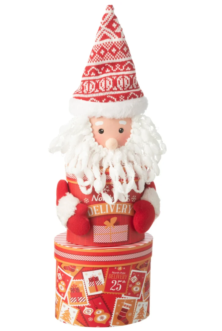 Rode opbergpot Ridy van papier, smal en hoog, met feestelijke Santa-print en deksel