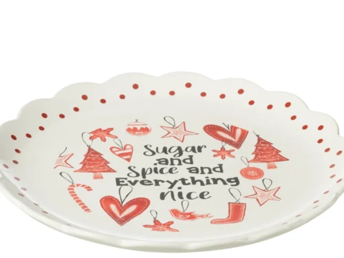 Bord Daullik keramiek rood met scallopvorm en kerstprint in een warme, elegante tafelstyling