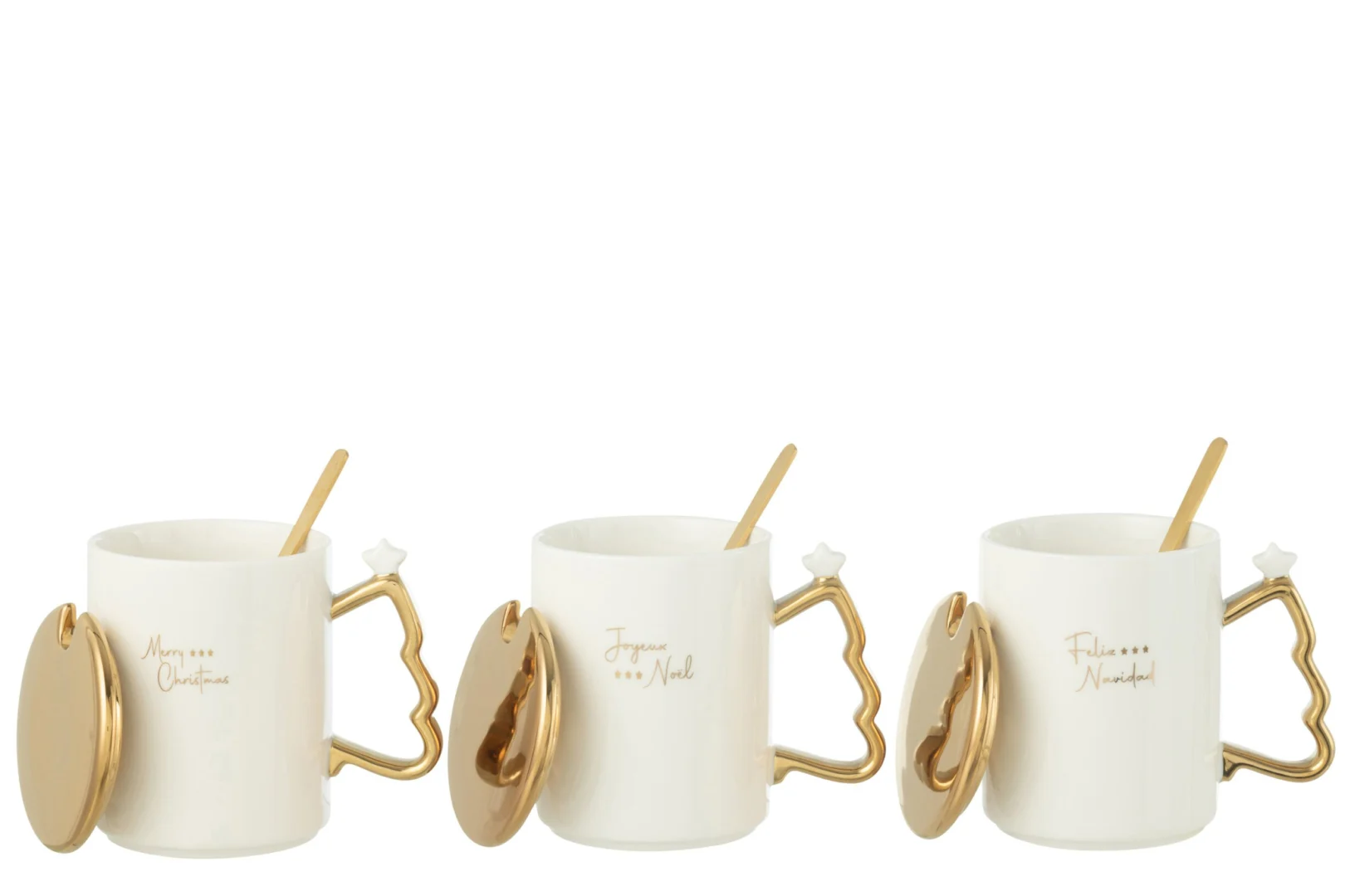 Set van 3 witte Mok Greisas keramiek met goudaccenten, deksels en lepels voor een stijlvolle wintertafel