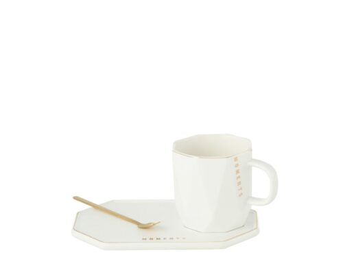 Witte Mok Laalvea keramiek met schotel en lepel uit de Moments-collectie