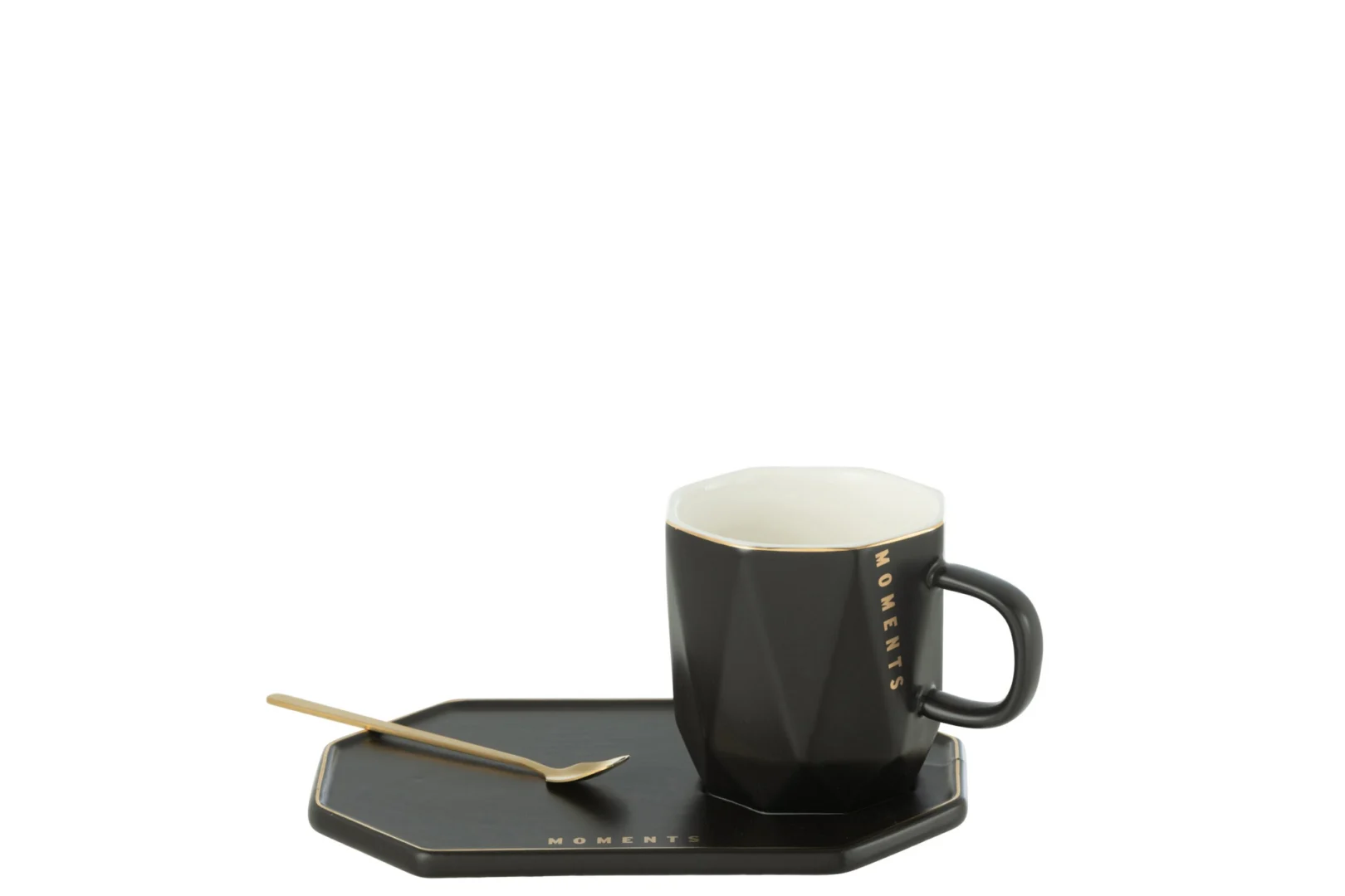 Mok Vormil zwart keramiek met schotel en lepel, stijlvolle gouden details en modern design