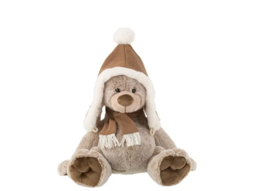 Decoratiefiguur Slalun bruine knuffelbeerlook met winterhoed en sjaal, H38 cm, van polyester