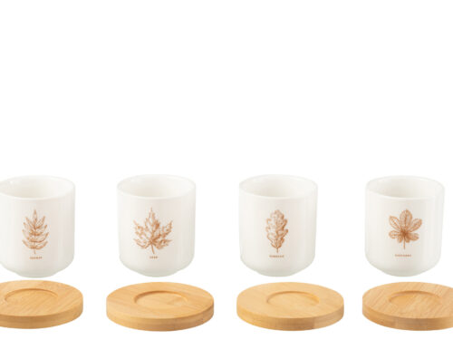 Opbergdoos Nientol keramiek bruin met deksel van bamboe en botanische bladprint, compact en stijlvol