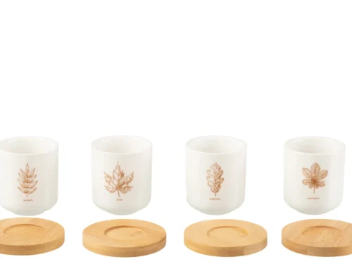 Opbergdoos Nientol keramiek bruin met deksel van bamboe en botanische bladprint, compact en stijlvol