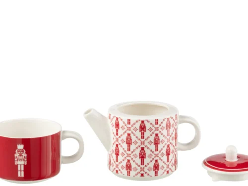 Theepot Stesku Keramiek Rood met kopje en notenkrakerprint, feestelijke rode kerstset van keramiek