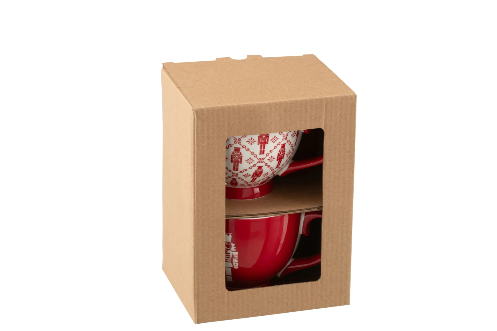 Set van 2 Mok Kleisses Keramiek Rood in cadeauverpakking, met winterse print en royale jumboformaat