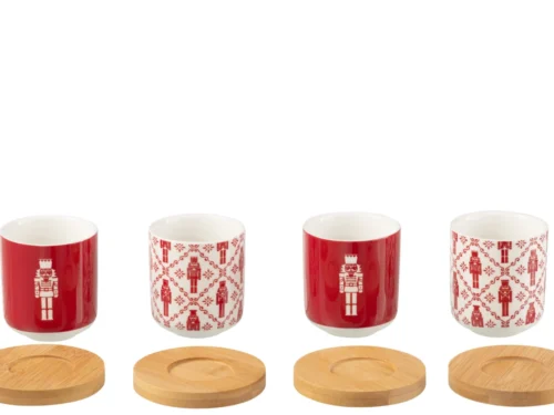 Opbergdoos Luta keramiek rood met witte notenkrakerprint en houten deksel, decoratief woonaccessoire