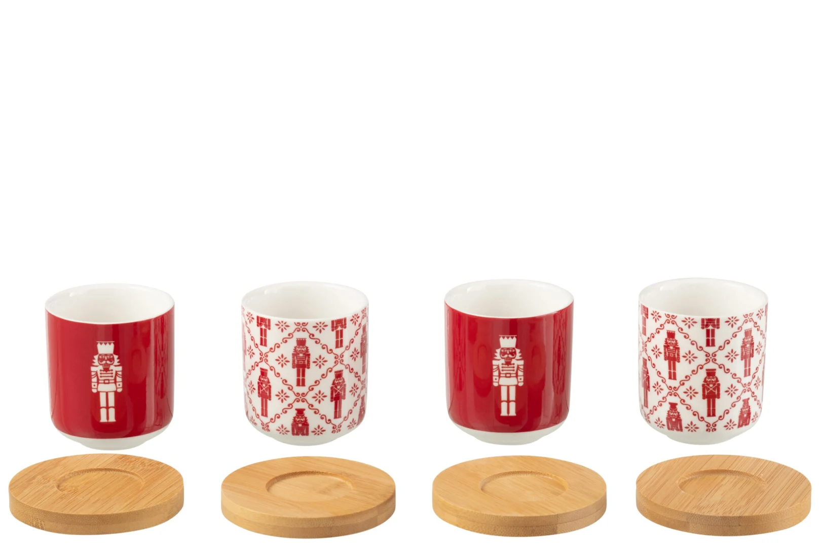 Opbergdoos Luta keramiek rood met witte notenkrakerprint en houten deksel, decoratief woonaccessoire