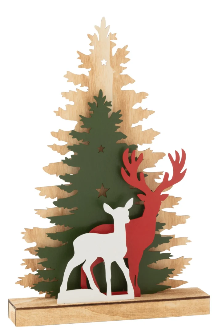Decoratiefiguur Skaares met kerstboom, rendier en houten voet in groen, rood en naturel, H44,5 cm