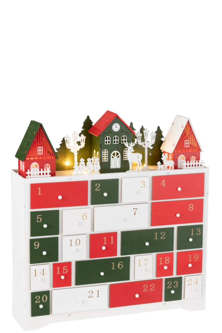 Kast Fleisoro meerkleurig 38 cm met LED-licht, houten huisjes en genummerde lades voor winterdecoratie