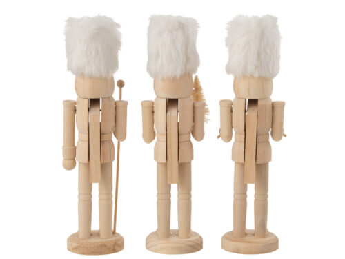 Notenkraker Kiemmar hout naturel set van 3 decoratiefiguren met witte bontmuts en winterse uitstraling