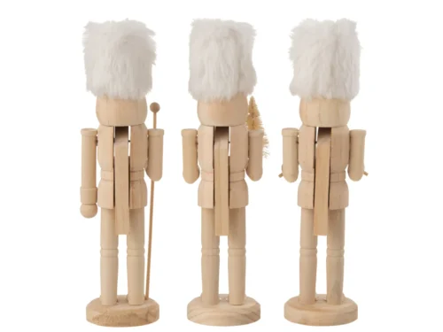 Notenkraker Kiemmar hout naturel set van 3 decoratiefiguren met witte bontmuts en winterse uitstraling