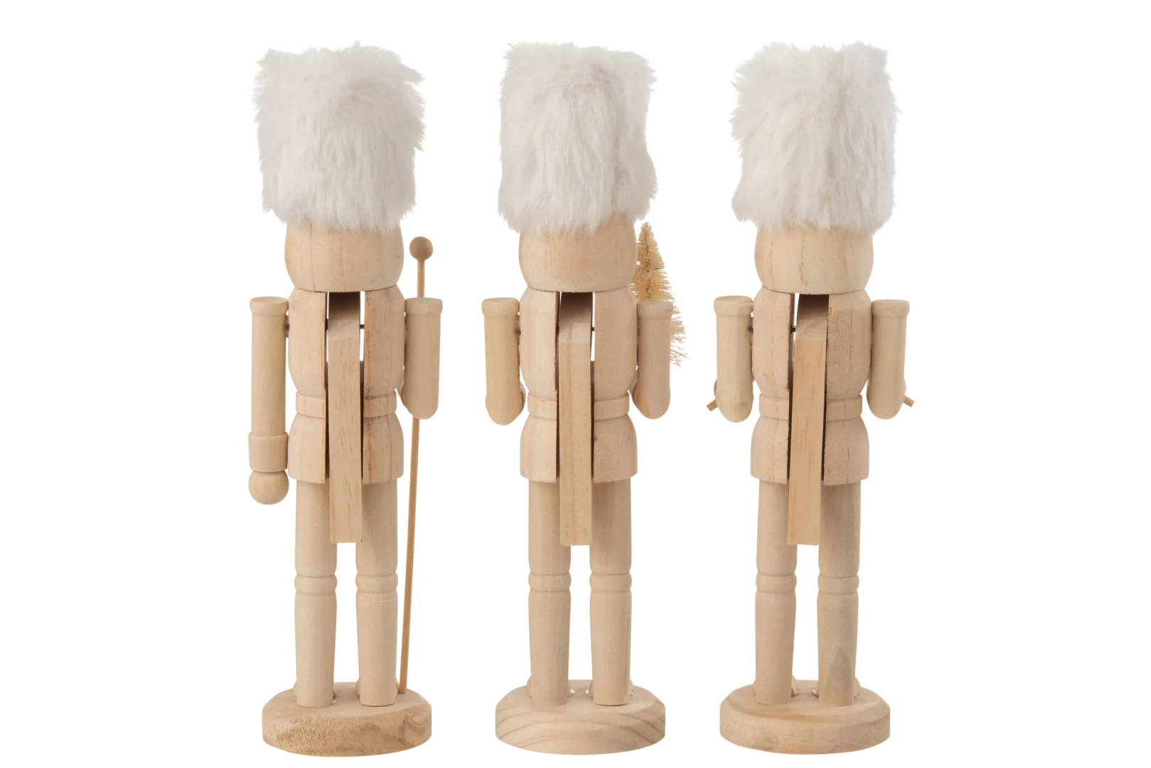 Notenkraker Kiemmar hout naturel set van 3 decoratiefiguren met witte bontmuts en winterse uitstraling