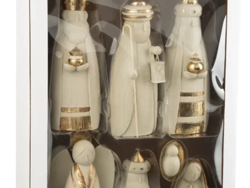 Kerststal Klestura Meerkleurig - Set van 7, rustieke kerstfiguren met gouden accenten in cadeauverpakking