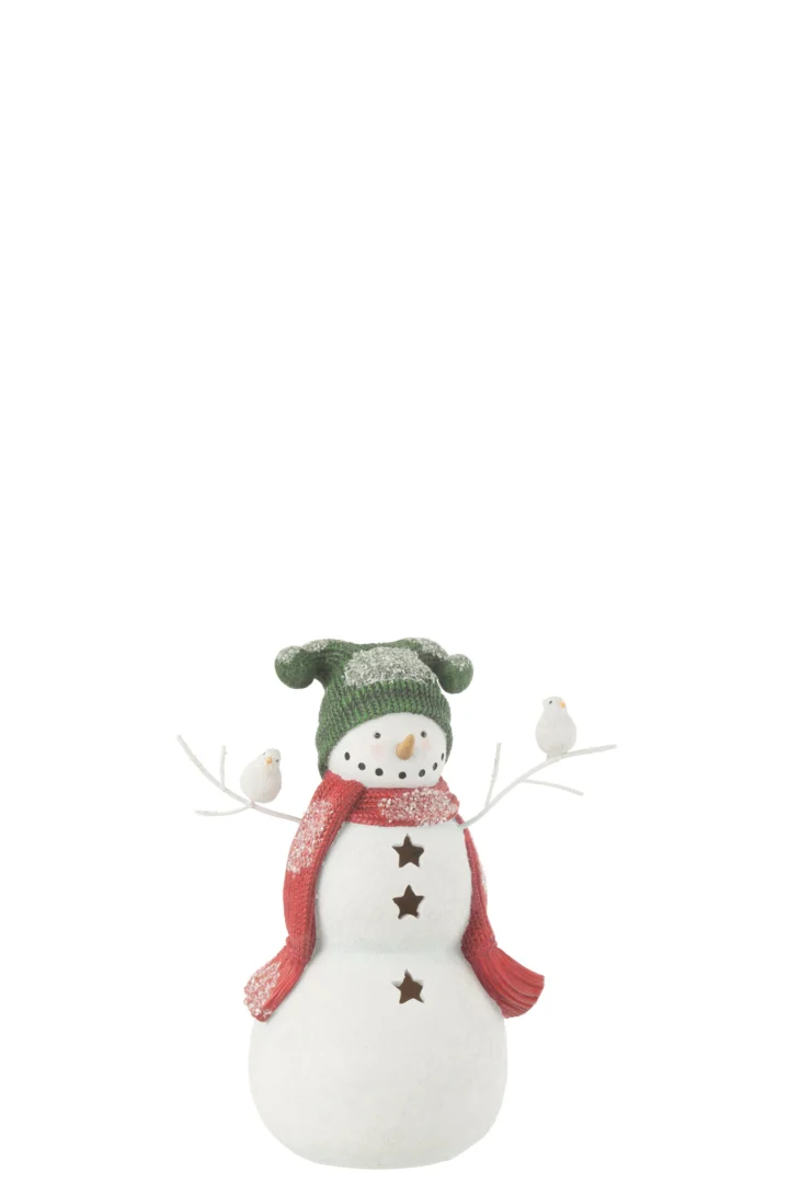 Klolano meerkleurige sneeuwpopdecoratie met vogels, groene muts en rode sjaal, winterse woonaccessoire H27,5 cm