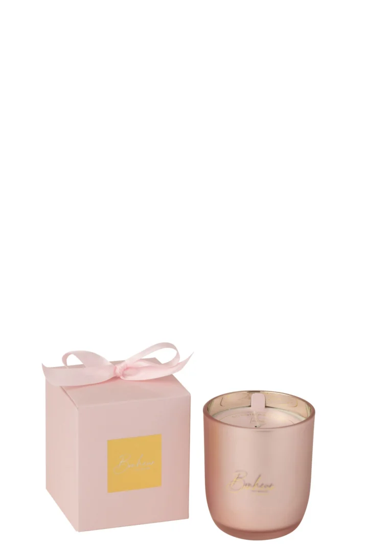 Roze Geurkaars Bonheur Pink klein met glazen houder en cadeauverpakking, warme bloemige sfeer voor in huis