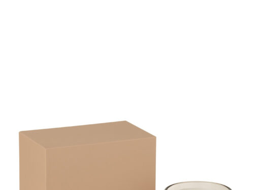 Geurkaars Juril Palmwas Bruin in glas met beige hoes en doos, Okerbossen geur, stijlvol en warm