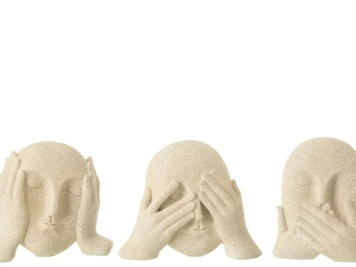 Beeld Stukand Steen beige set van 3 gezichtssculpturen met zien, horen en spreken, compacte woonaccessoires