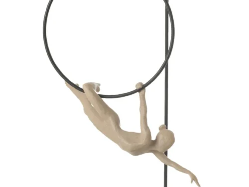 Rurnin polyresin woonaccessoire meerkleurig, slanke turnhoepel met zwarte metalen standaard en figuurdetail