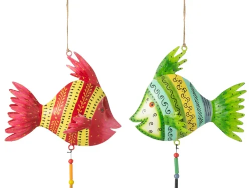 Decoratiehanger Hudona metaal meerkleurig, set van 2 visvormen met kralen en belletje